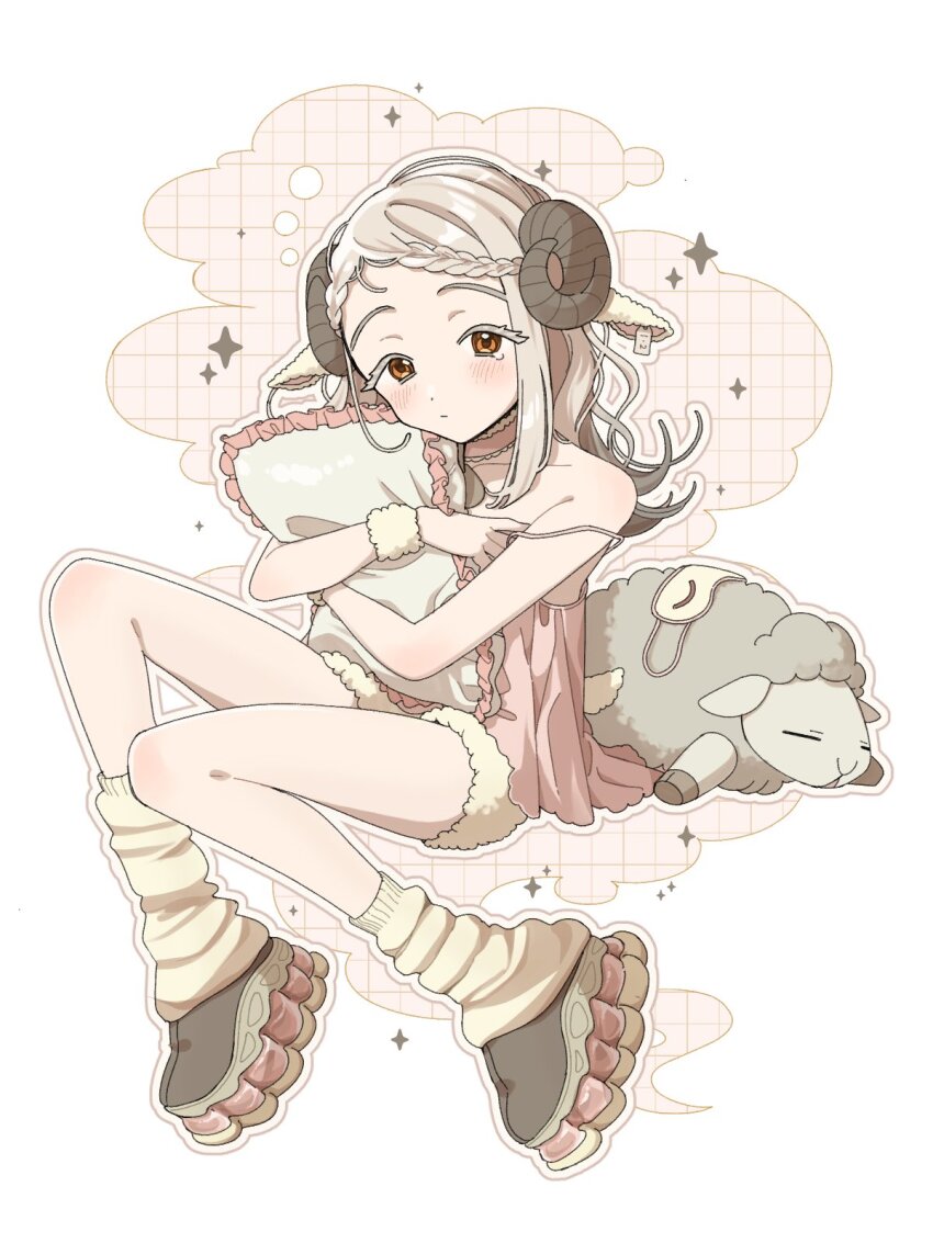 1girl, animal_ears, blonde_hair, braid, braided_bangs, brown_eyes, camisole, colored_eyelashes