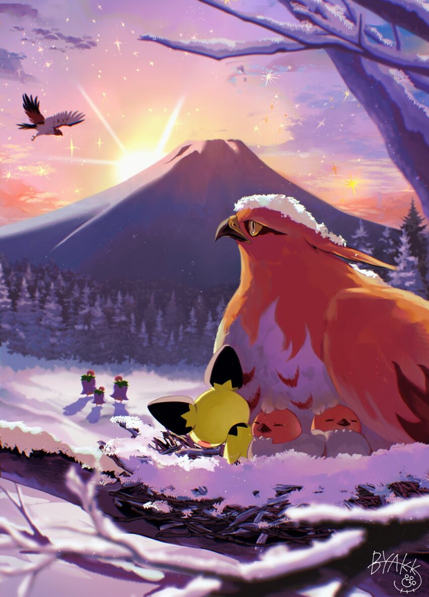 animal_focus, beak, bird, bird_nest, byakko_creator, cherrim, cherrim_(overcast), flying