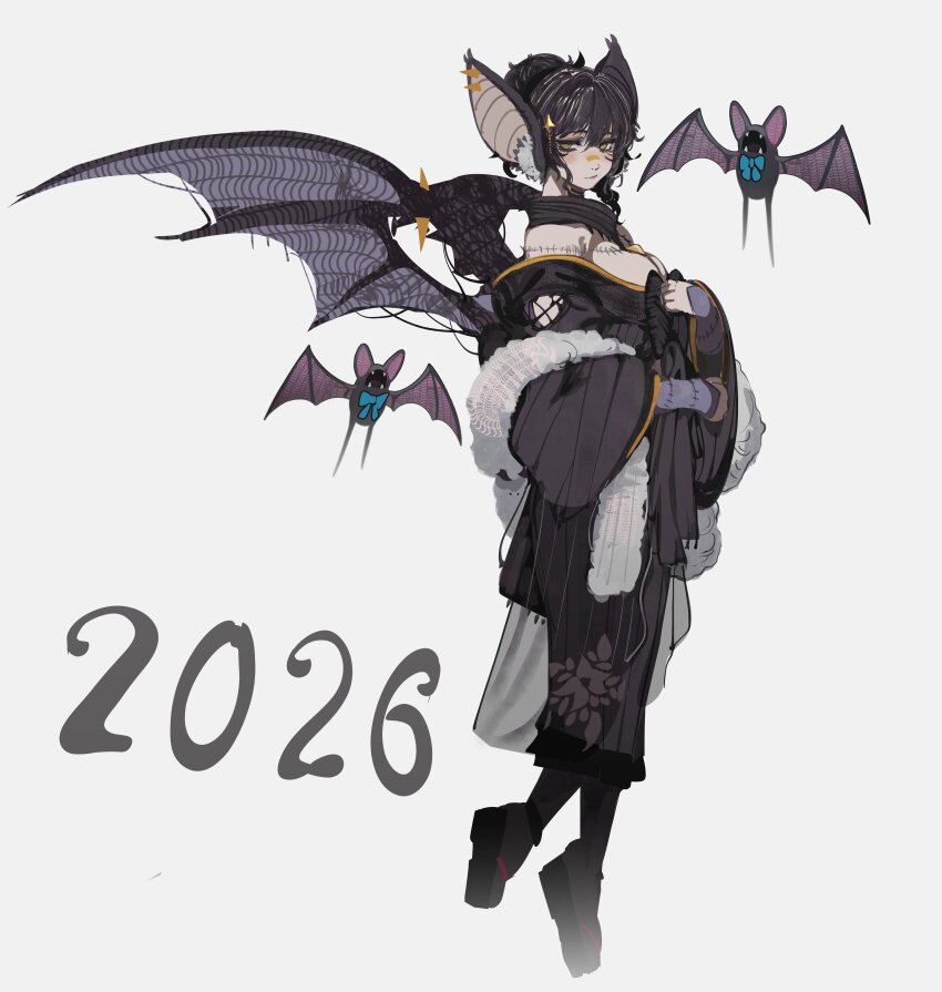 1girl, 2026, absurdres, animal_ears, bat_ears, bat_girl, bat_wings, black_dress