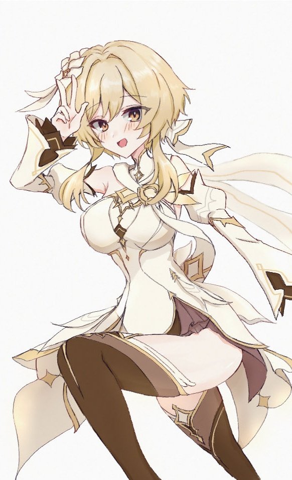 1girl, :d, arm_up, armpit_crease, bare_shoulders, blonde_hair, breasts, brown_thighhighs, coattails, commentary_request, detached_sleeves, dress, feet_out_of_frame, flower, genshin_impact, hair_flower, hair_intakes, hair_ornament, hair_ribbon, juliet_sleeves, kamosikadesuyo, knee_up, large_breasts, light_blush, long_sleeves, looking_at_viewer, lumine_(as_heaven_and_earth_are_made_anew)_(genshin_impact), lumine_(genshin_impact), mandarin_collar, open_mouth, puffy_sleeves, ribbon, short_dress, short_hair_with_long_locks, simple_background, smile, solo, tailcoat, thighhighs, w, white_background, white_dress, white_flower, yellow_eyes, zettai_ryouiki