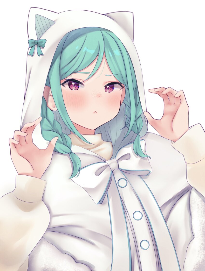 1girl, alternate_costume, animal_hood, aqua_hair, blush, braid, cat_hood, claw_pose