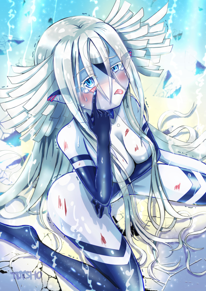 1girl, :p, absurdres, blue_eyes, breasts, colored_skin, crying, crying_with_eyes_open