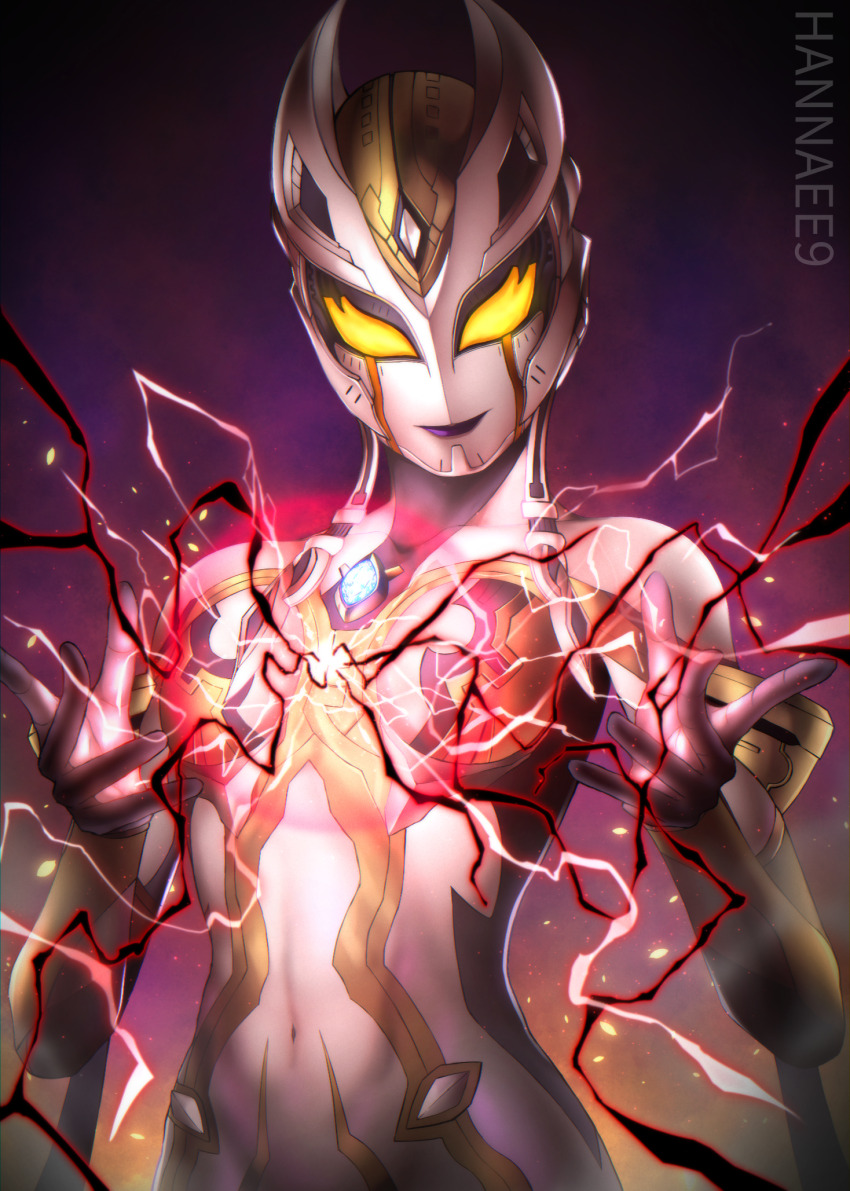 1girl, alien, armor, artist_name, black_skin, breasts, carmeara, collarbone