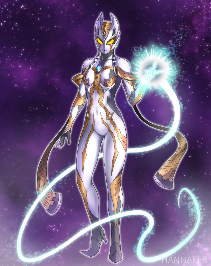 1girl, alien, armor, artist_name, black_skin, breasts, carmeara, collarbone