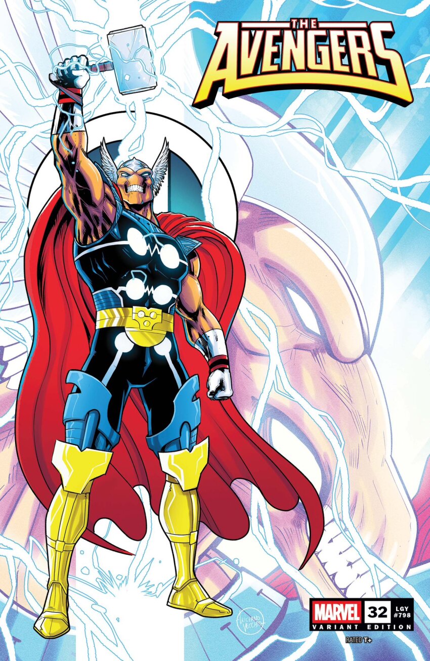 1boy, alien, arm_up, armor, avengers_(series), beta_ray_bill, boots, cape