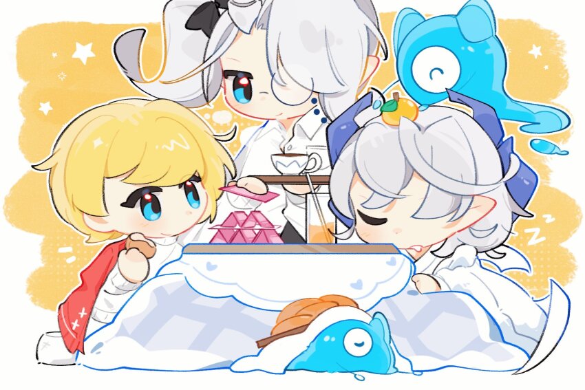 1other, 2girls, alternate_costume, arias_the_labrynth_butler, blonde_hair, blue_eyes, border, butler, collared_shirt, cup, demon_girl, demon_horns, demon_wings, drinking_straw, duel_monster, eating, female_butler, ghost, grey_hair, highres, holding, horns, house_of_cards, juice, knight_(yu-gi-oh!), kotatsu, lovely_labrynth_of_the_silver_castle, monocle, multiple_girls, orange_juice, pointy_ears, ranko1433, shirt, sleeping, table, teacup, under_kotatsu, under_table, white_border, wings, yellow_background, yu-gi-oh!