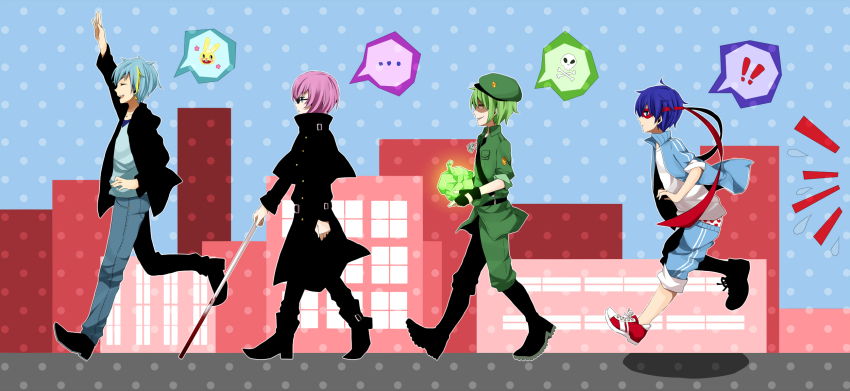 blue_hair, flippy_(happy_tree_friends), green_hair, happy_tree_friends, highres, lumpy_(happy_tree_friends), mask, short_hair