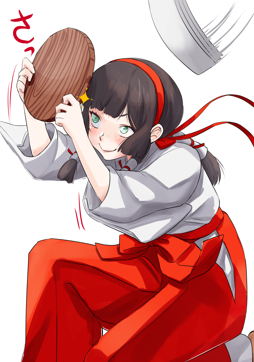 1girl, black_hair, blocking, blunt_sidelocks, commentary_request, green_eyes, hairband, hakama