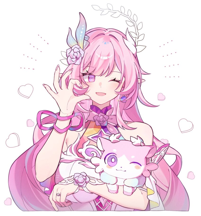 1girl, ;), animal, bare_shoulders, breasts, chimera_(honkai:_star_rail), commentary, cyrene_(cyrup)_(honkai:_star_rail), cyrene_(demiurge)_(honkai:_star_rail), cyrene_(honkai:_star_rail), diamond-shaped_pupils, diamond_(shape), dress, flower, hair_flower, hair_ornament, half-heart_hands, highres, holding, holding_animal, honkai:_star_rail, honkai_(series), large_breasts, long_hair, looking_at_viewer, one_eye_closed, pink_hair, pino_(pino2452), pointy_ears, purple_eyes, simple_background, smile, solo, untranslatable_commentary, symbol-shaped_pupils, very_long_hair, white_background, white_dress