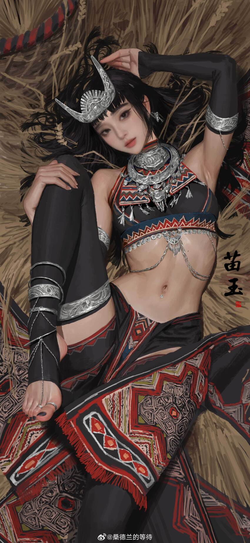 1girl, absurdres, armpits, black_eyes, black_hair, black_nails, black_shirt, black_sleeves