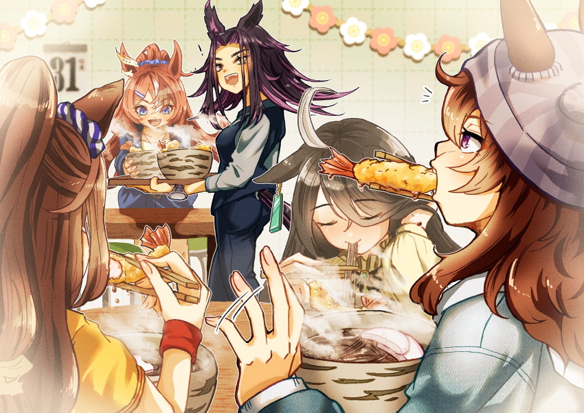 5girls, absurdres, ahoge, animal_ears, beanie, black_hair, black_ribbon, blue_eyes