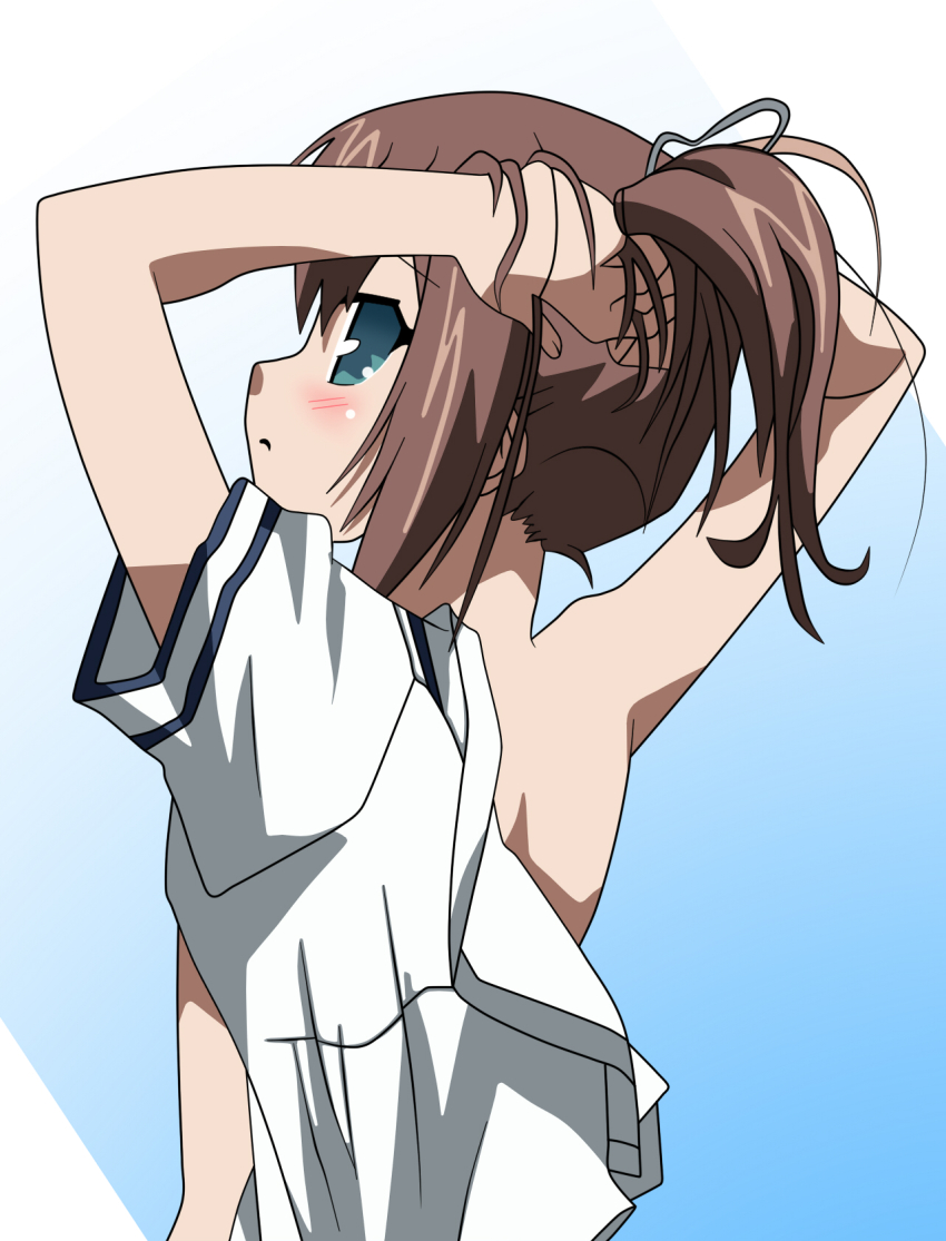 1boy, aqua_eyes, bad_id, bad_pixiv_id, baka_to_test_to_shoukanjuu, blue_eyes, blush, brown_hair, fumizuki_academy_school_uniform, highres, kinoshita_hideyoshi, looking_back, male_focus, ponytail, school_uniform, shirt, solo, tachikoma0915, trap