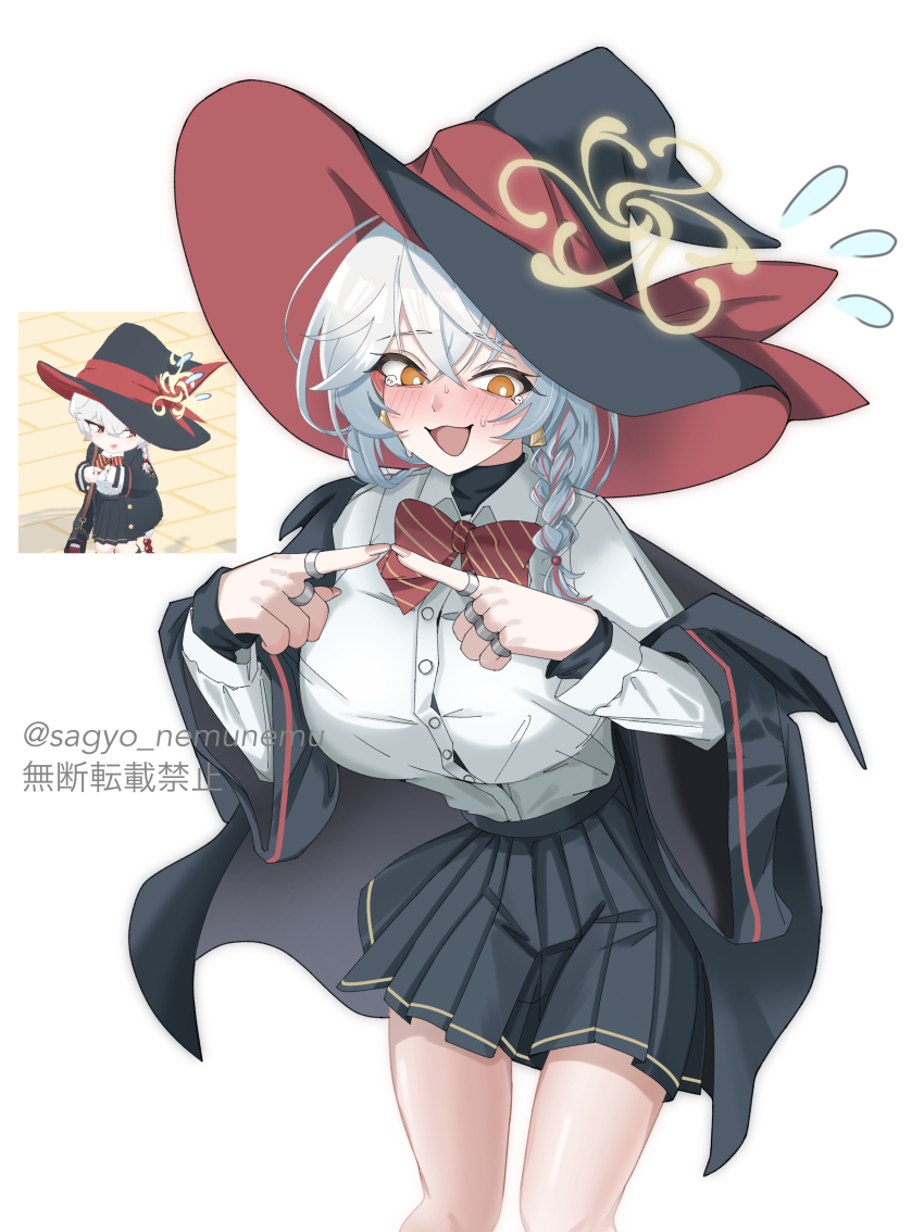 1girl, absurdres, black_jacket, black_skirt, blue_archive, blush, bow, braid, breasts, collared_shirt, commentary_request, diagonal-striped_bow, diagonal-striped_clothes, earrings, embarrassed, eri_(blue_archive), flying_sweatdrops, hair_between_eyes, halo, hat, hat_ribbon, highres, jacket, jewelry, large_breasts, long_hair, looking_at_viewer, nose_blush, open_mouth, orange_eyes, orange_halo, pleated_skirt, red_bow, red_ribbon, ribbon, sagyo_nemunemu, shirt, simple_background, single_earring, skirt, smile, striped_bow, striped_clothes, tears, tilted_halo, white_background, white_hair, white_shirt, witch_hat