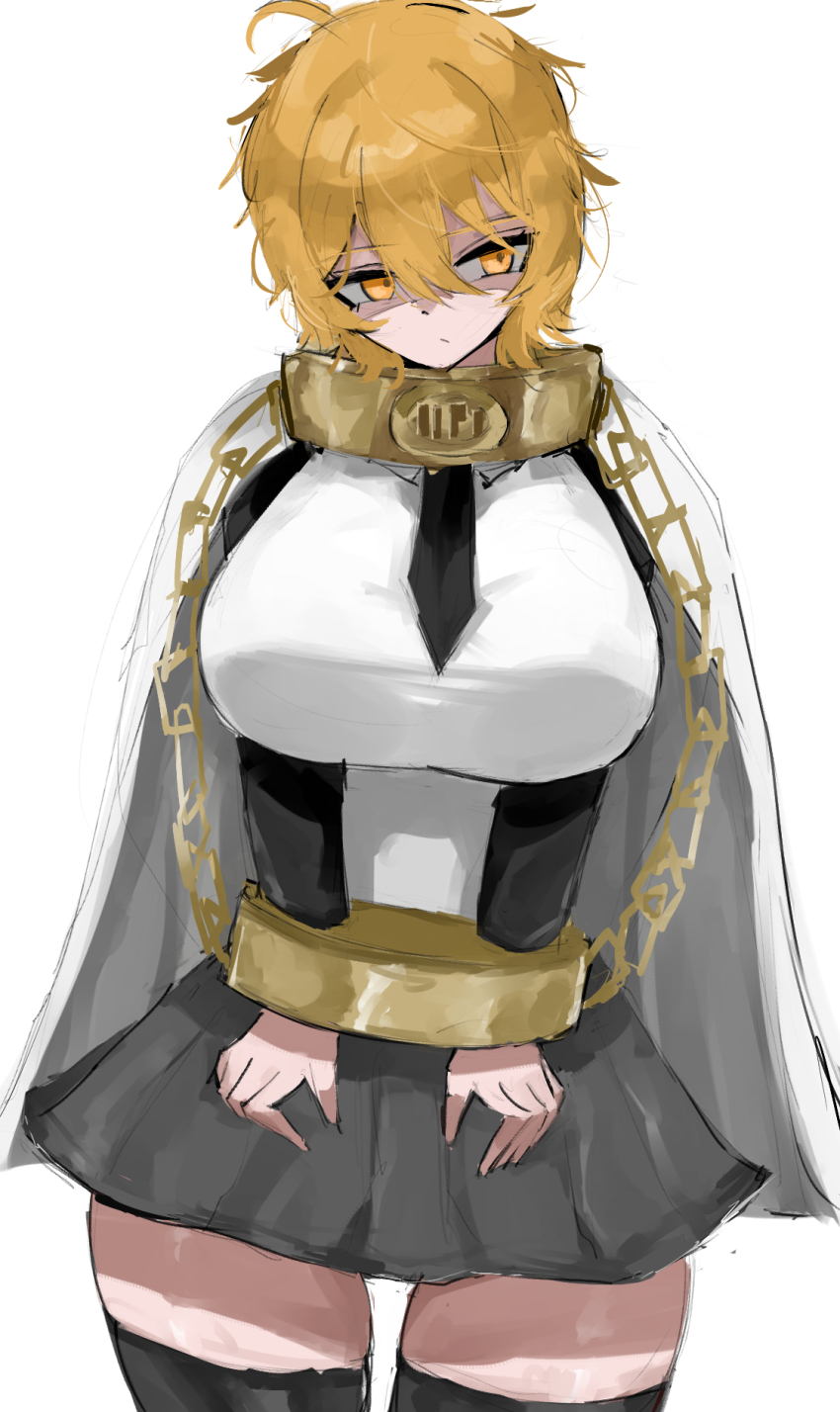 1girl, black_necktie, black_skirt, blonde_hair, breasts, chain, commentary, cuffs