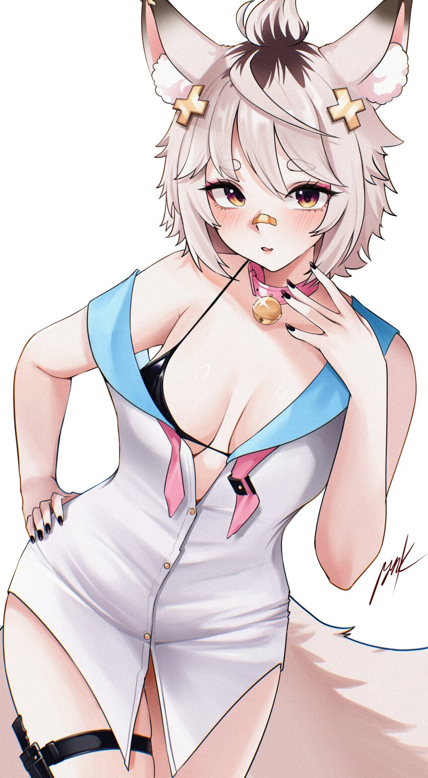 1girl, absurdres, animal_ears, bandaid, bandaid_on_face, bare_hips, black_bra, blonde_hair