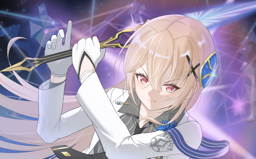 1girl, artist_request, blonde_hair, formal_clothes, gloves, hair_between_eyes, hair_ornament, heaven_burns_red