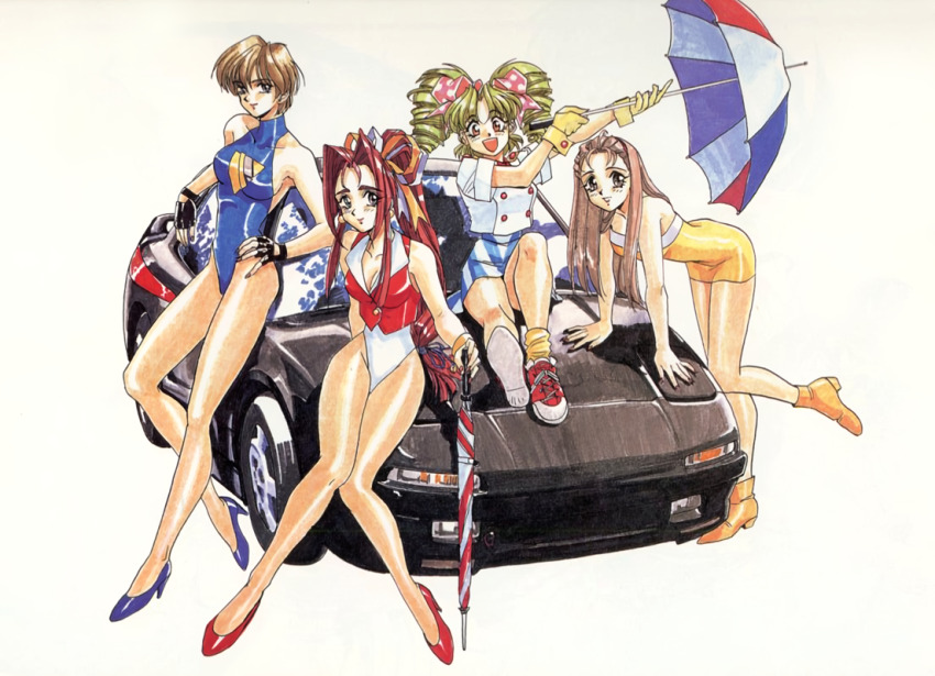 1990s_(style), 4girls, bent_over, black_gloves, blue_leotard, blue_shoes, brown_hair, car