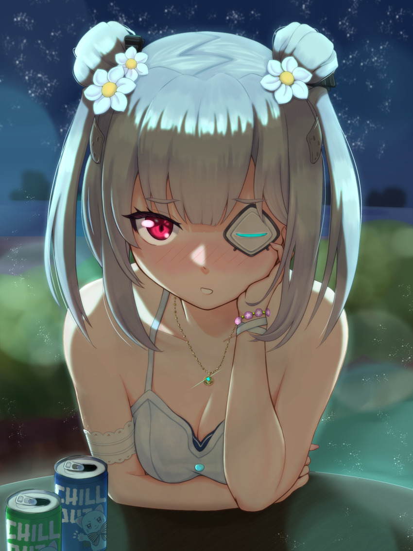 absurdres, blush, bracelet, breasts, can, cleavage, eyepatch, flower, grey_hair, hair_flower, hair_ornament, hand_on_own_cheek, hand_on_own_face, heaven_burns_red, highres, jewelry, medium_breasts, necklace, night, red_eyes, star_(sky), sybilla_(batvb), table, white_hair, yamawaki_bon_ivar, yamawaki_bon_ivar_(summer_daydream)