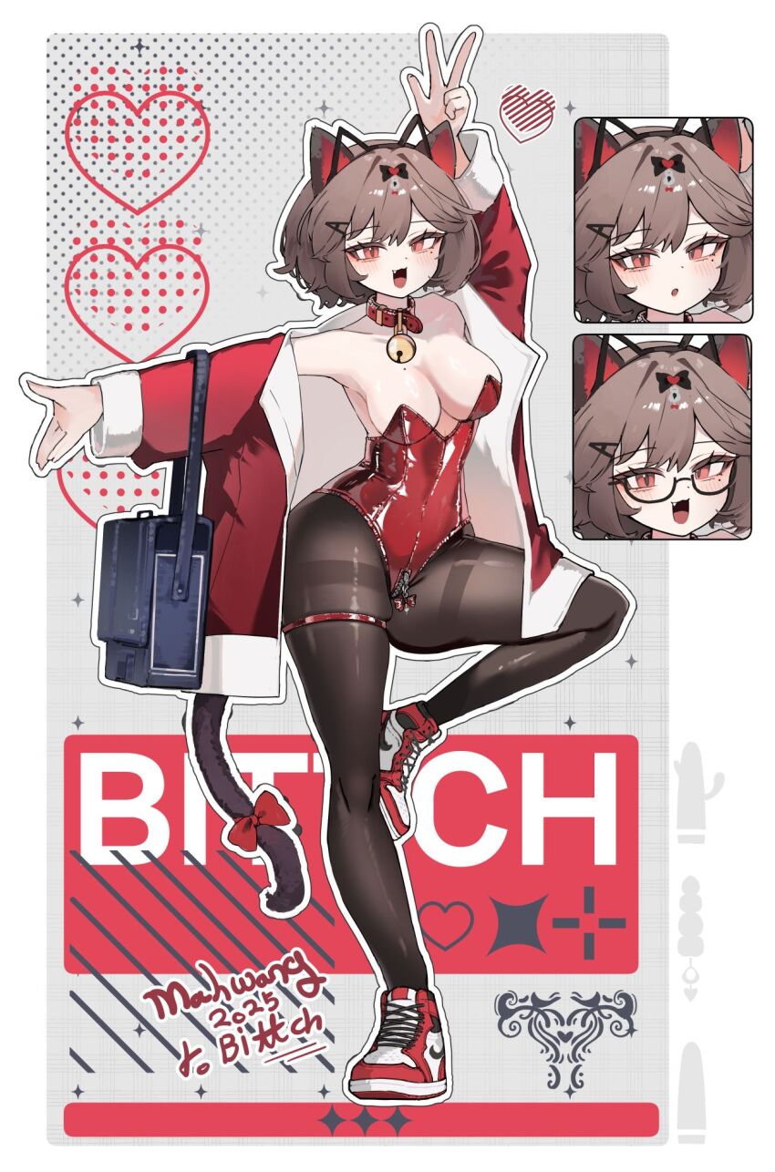 1girl, :d, air_jordan_1, animal_collar, animal_ear_hairband, animal_ears, arm_up, artist_name, bag, bare_shoulders, bell, belt_collar, black_bow, black_hairband, black_pantyhose, black_tail, blue_bag, blush, bow, breasts, brown_hair, cat_ear_hairband, cat_ears, cat_girl, cat_tail, character_name, collar, commentary_request, commission, commissioner_name, crotch_seam, dildo, eyeliner, fake_animal_ears, fang, full_body, hair_bow, hair_ornament, hairband, hairclip, halftone, halftone_background, heart, highres, jacket, jingle_bell, kittysuit, korean_commentary, large_breasts, leotard, letter_hair_ornament, looking_at_viewer, mahwang500_(ma-hwang), makeup, mole, mole_on_breast, mole_under_eye, multiple_animal_ears, multiple_expressions, neck_bell, nike_(company), nontraditional_playboy_bunny, off_shoulder, open_mouth, original, outstretched_arm, pantyhose, prunechi, red_collar, red_eyeliner, red_eyes, red_jacket, red_leotard, red_shoes, retire_(ballet), second-party_source, sex_toy, shoes, short_hair, shoulder_bag, skindentation, smile, sneakers, solo, standing, standing_on_one_leg, strapless, strapless_leotard, tail, thigh_strap, thighband_pantyhose, w, zipper_pull_tab