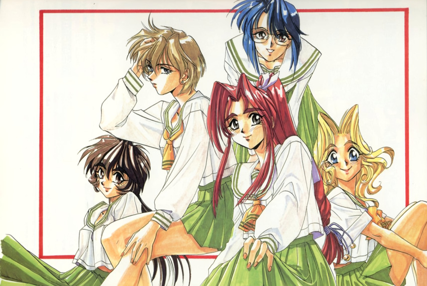 1990s_(style), 5girls, black_hair, blonde_hair, blue_eyes, blue_hair, brown_eyes, brown_hair