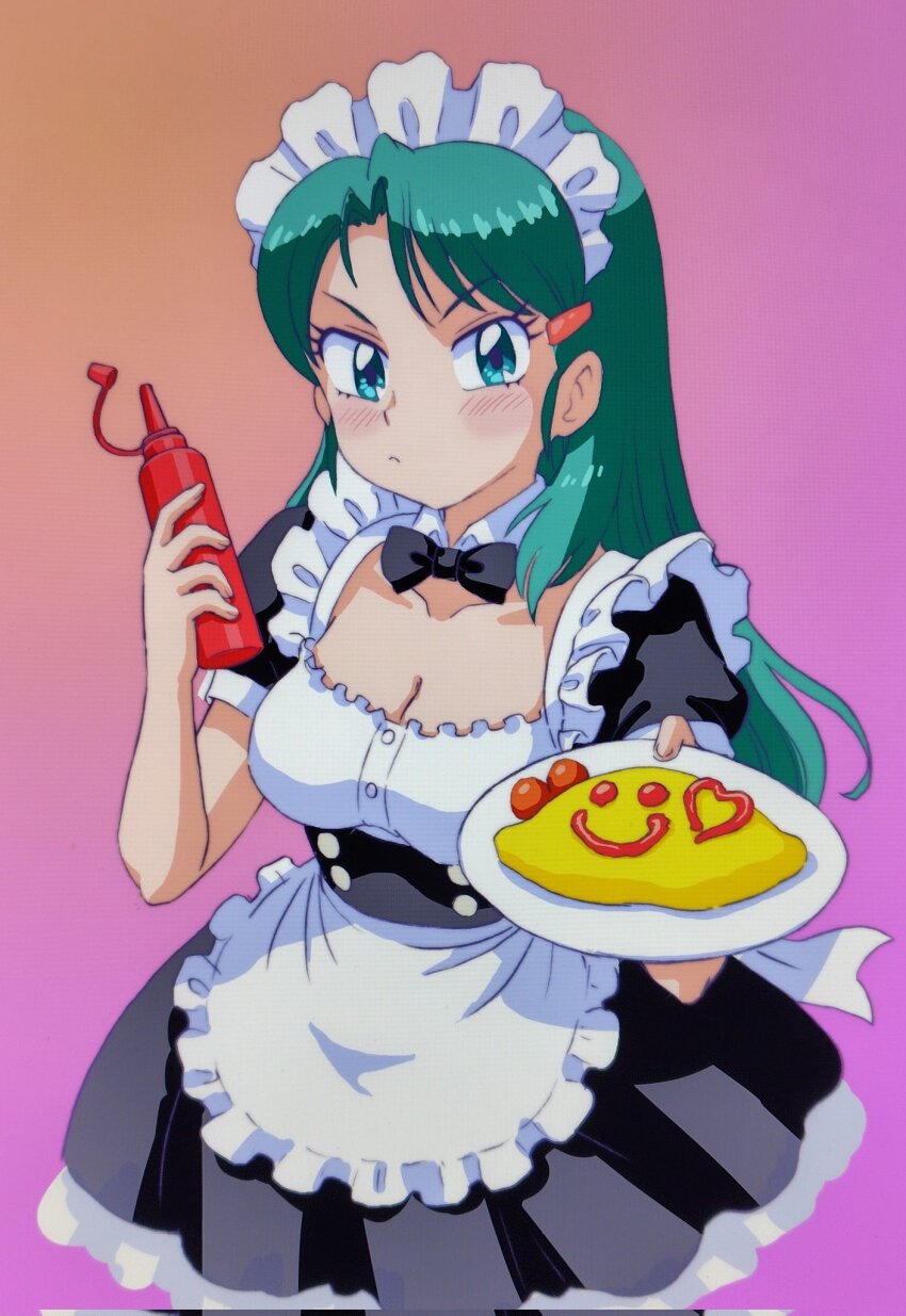 1girl, alternate_costume, apron, aqua_hair, black_bow, black_bowtie, black_corset, black_dress