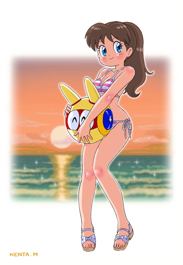 1girl, ^_^, artist_name, bikini, blue_eyes, breasts, brown_hair, carrying