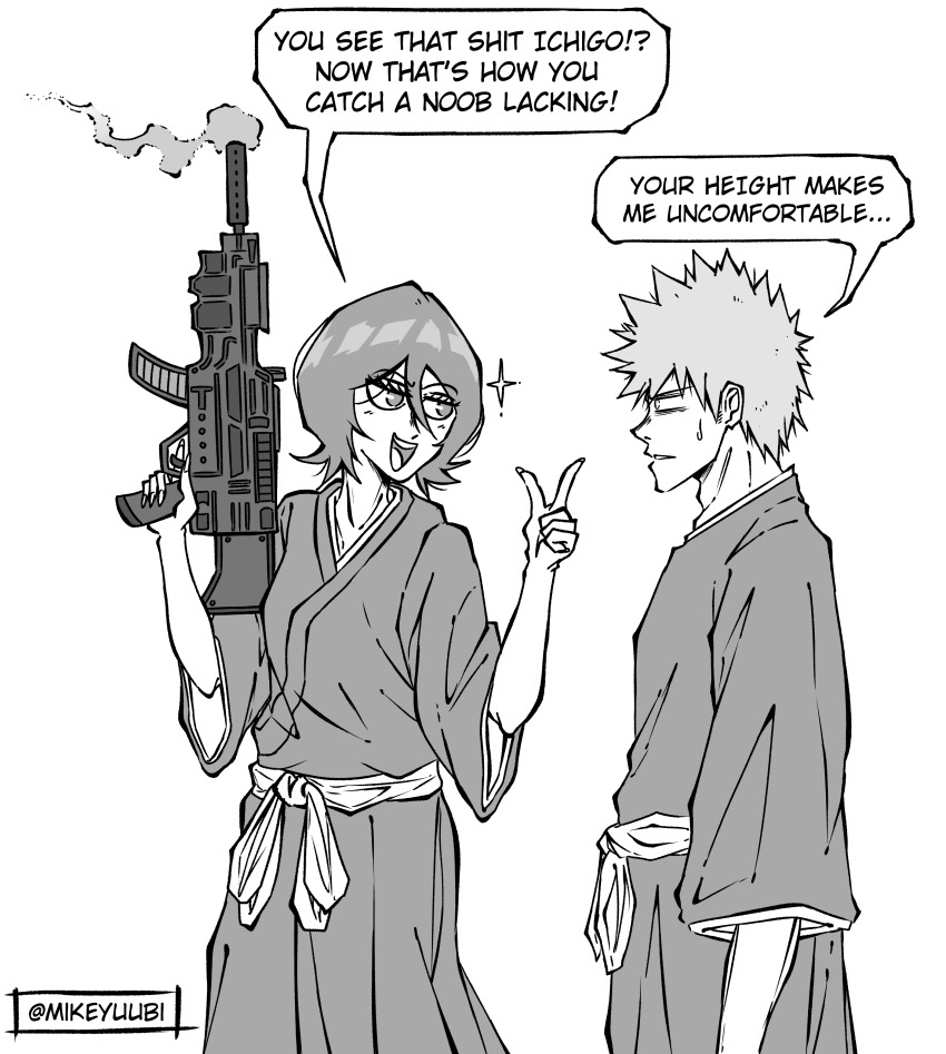 1boy, 1girl, absurdres, alternate_height, bleach, commentary, english_commentary, english_text, fortnite, greyscale, gun, hakama, highres, holding, holding_gun, holding_weapon, japanese_clothes, kuchiki_rukia, kurosaki_ichigo, mikeyuubi, monochrome, open_mouth, pointing, shihakusho, smile, smoke, sparkle, spiked_hair, sweatdrop, trigger_discipline, twitter_username, weapon