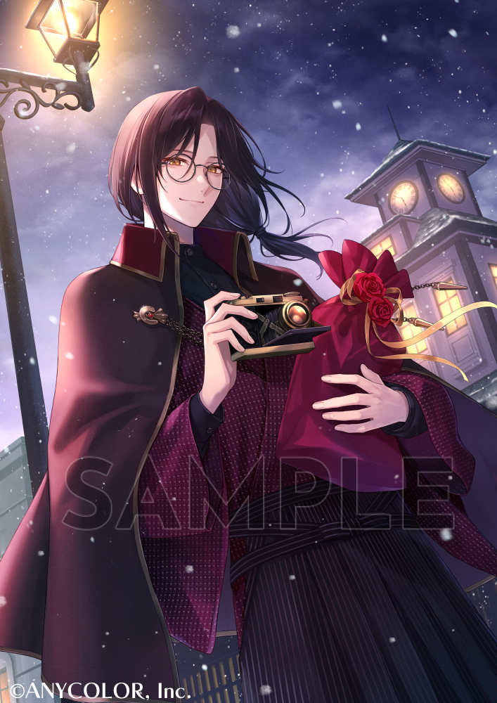 1boy, black-framed_eyewear, black_hair, black_hakama, black_jacket, black_shirt, camera, clock