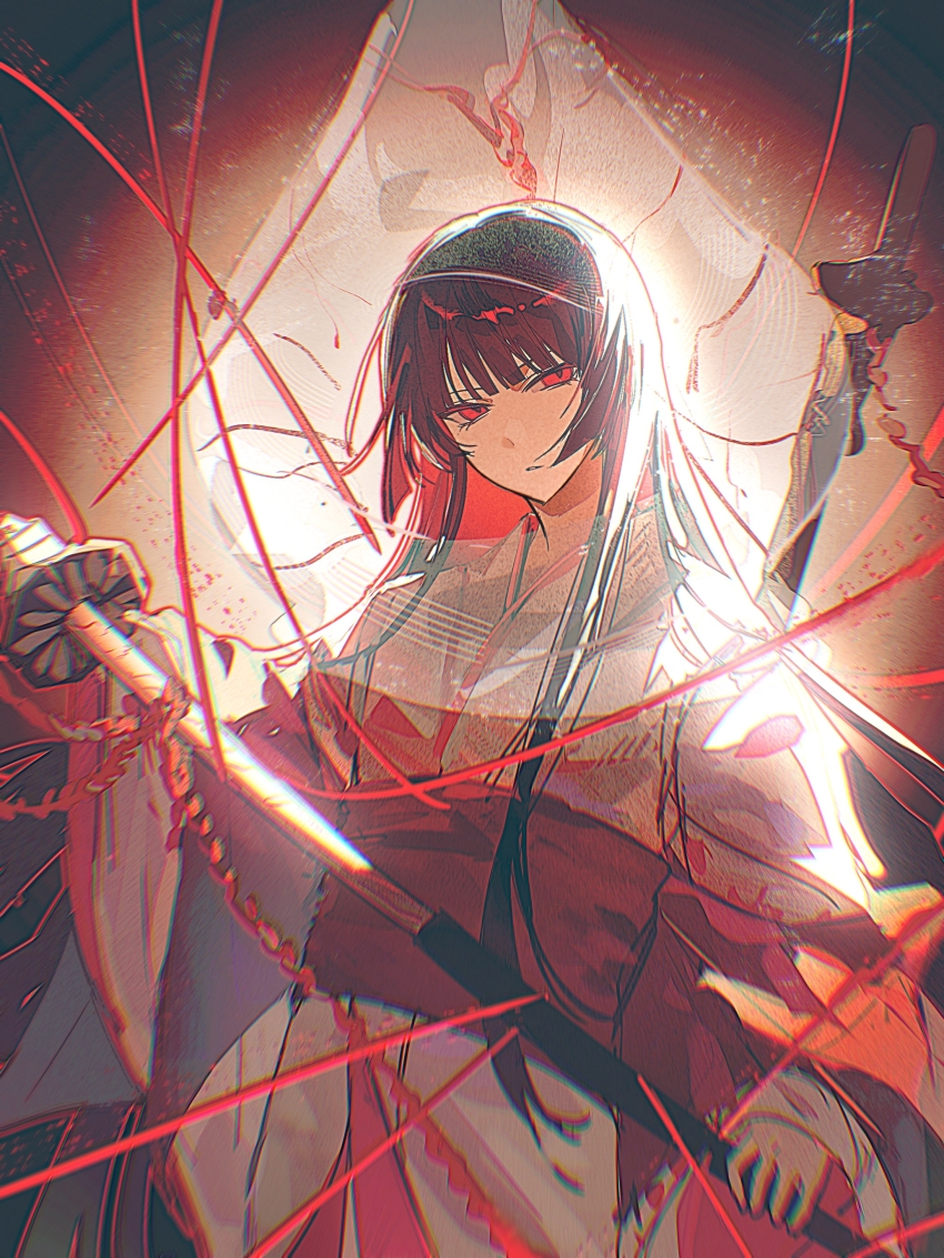 1girl, absurdres, black_hair, blunt_bangs, blurry, bridal_veil, chromatic_aberration, closed_mouth