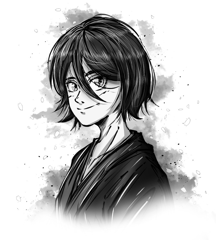 1girl, absurdres, bleach, commentary, english_commentary, greyscale, highres, japanese_clothes