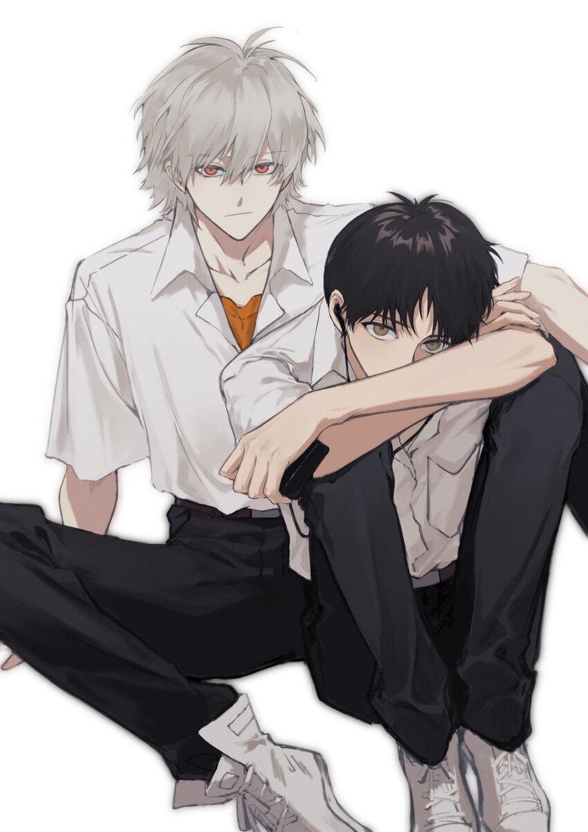 2boys, absurdres, alternate_eye_color, alternate_hair_color, belt, belt_buckle, black_hair, black_pants