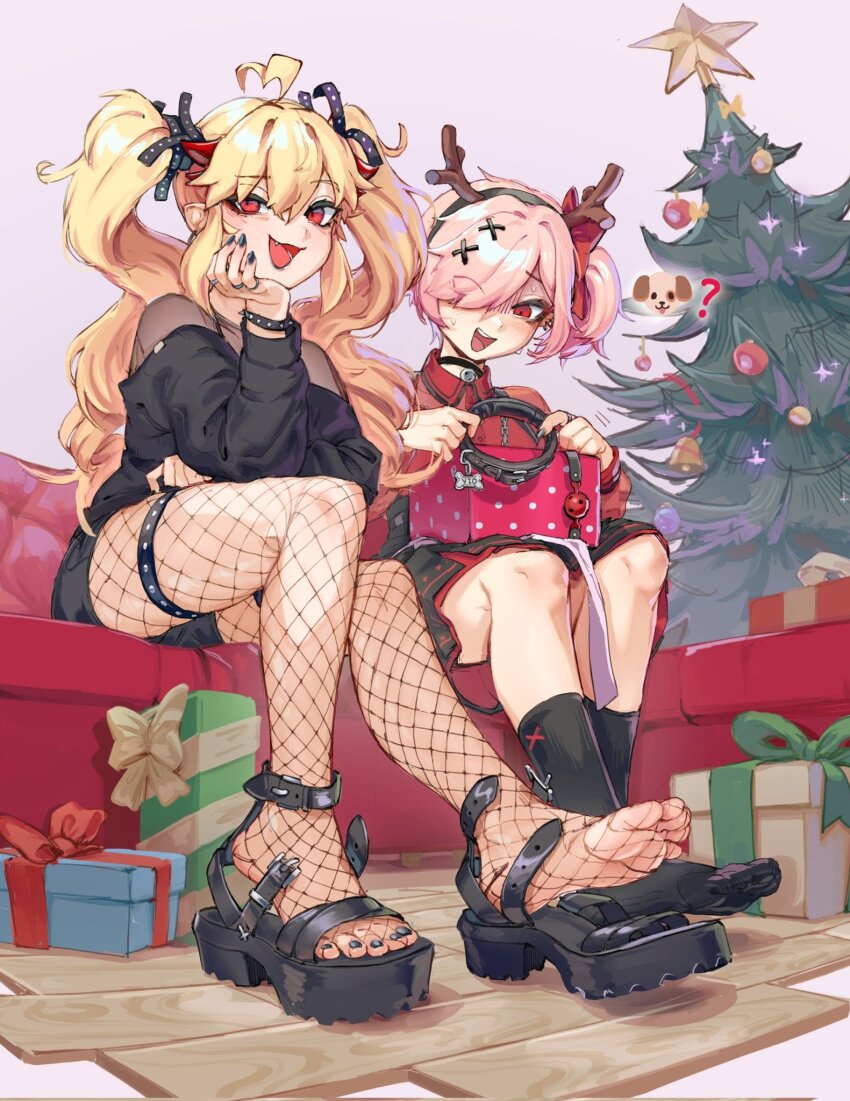 2girls, ?, ahoge, animal_collar, antlers, ball_gag, black_choker, black_hairband, black_nails, black_sandals, black_shorts, black_socks, black_sweater, blonde_hair, blush, bow, box, bracelet, choker, christmas_tree, collar, collared_shirt, commentary, couch, ear_piercing, elbow_rest, english_commentary, fake_antlers, fang, feet, fishnet_pantyhose, fishnets, foot_focus, gag, gift, gift_art, gift_box, hair_between_eyes, hair_bow, hair_ornament, hair_over_one_eye, hairband, hand_on_own_cheek, hand_on_own_face, head_rest, high_heel_sandals, high_heels, highres, holding, horns, jewelry, k-rha's, long_hair, long_sleeves, looking_at_viewer, mephi_(yeougui), multiple_girls, multiple_rings, nail_polish, no_shoes, off-shoulder_sweater, off_shoulder, on_couch, one_eye_covered, open_mouth, original, pantyhose, piercing, pink_hair, red_eyes, red_shirt, reindeer_antlers, ring, sandals, shirt, shorts, sitting, smile, socks, soles, spiked_bracelet, spikes, studded_thigh_strap, sweat, sweater, thigh_strap, toenail_polish, toenails, toes, turn_pale, twintails, very_long_fingernails, very_long_hair, violett_(k-rha), wiffle_gag, wooden_floor, x_hair_ornament