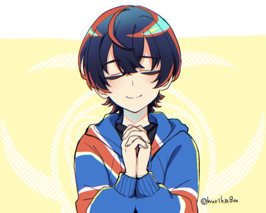 1girl, black_hair, black_shirt, coat, facing_viewer, hurika800, long_sleeves, own_hands_clasped