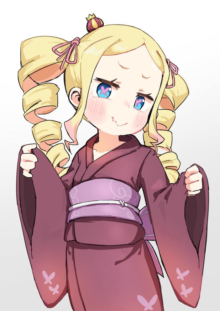 1girl, beatrice_(re:zero), blonde_hair, blue_eyes, blush_stickers, butterfly-shaped_pupils, butterfly_print_kimono, closed_mouth, crown, drill_hair, gradient_background, hair_ribbon, hands_up, japanese_clothes, kimono, kinn_(kinn70133), long_sleeves, looking_at_viewer, mini_crown, obi, re:zero_kara_hajimeru_isekai_seikatsu, red_kimono, ribbon, sash, sidelocks, solo, standing, symbol-shaped_pupils, twin_drills, wavy_mouth, wide_sleeves