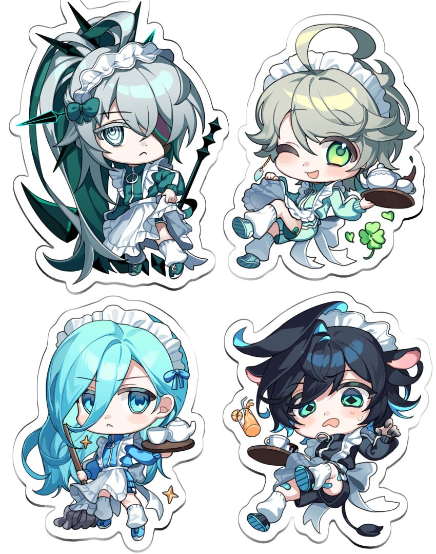 4boys, :<, ;d, ahoge, ainchase_ishmael, animal_ears, apron, apron_hold