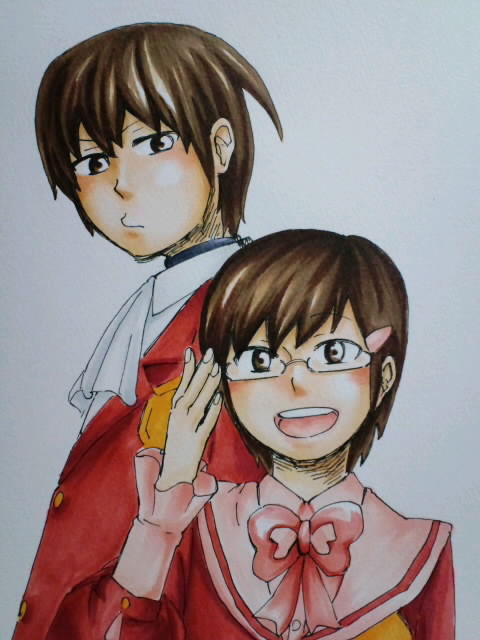 1boy, 1girl, adjusting_eyewear, ascot, bad_id, bad_pixiv_id, bespectacled, borrowed_clothes, brown_eyes, brown_hair, unworn_eyewear, glasses, kami_nomi_zo_shiru_sekai, katsuragi_keima, kosaka_chihiro, marker_(medium), pineapple_1-gou, school_uniform, short_hair, traditional_media