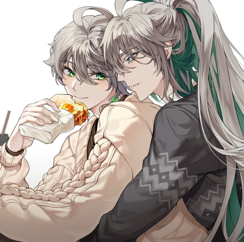 2boys, ahoge, ainchase_ishmael, alternate_costume, bandaid, bandaid_on_neck, bluhen_(elsword), blush