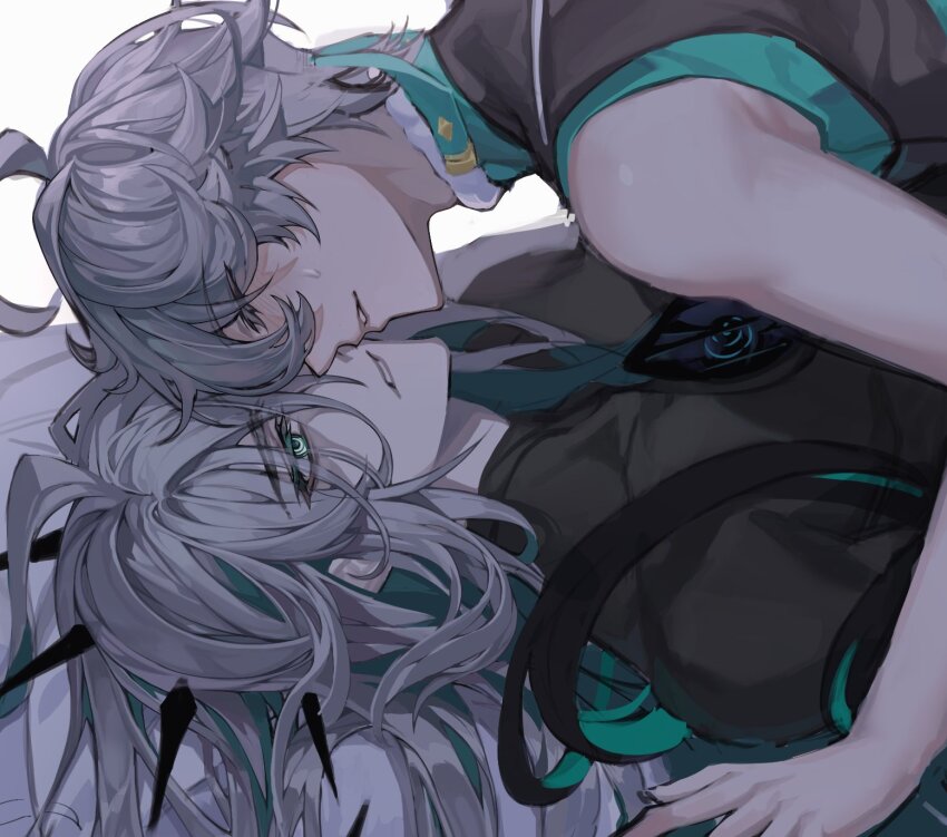 2boys, ahoge, ainchase_ishmael, arm_support, bare_shoulders, bluhen_(elsword), blush, boy_on_top