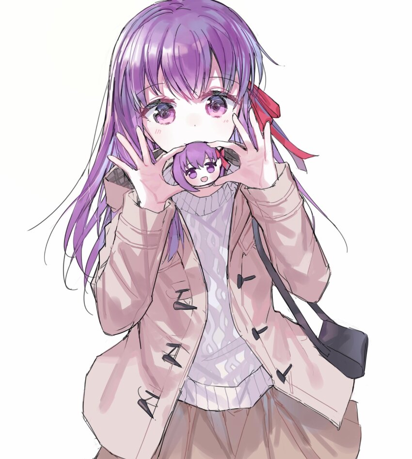 1girl, black_bag, blush, brown_skirt, character_doll, covering_own_mouth, cowboy_shot, doll