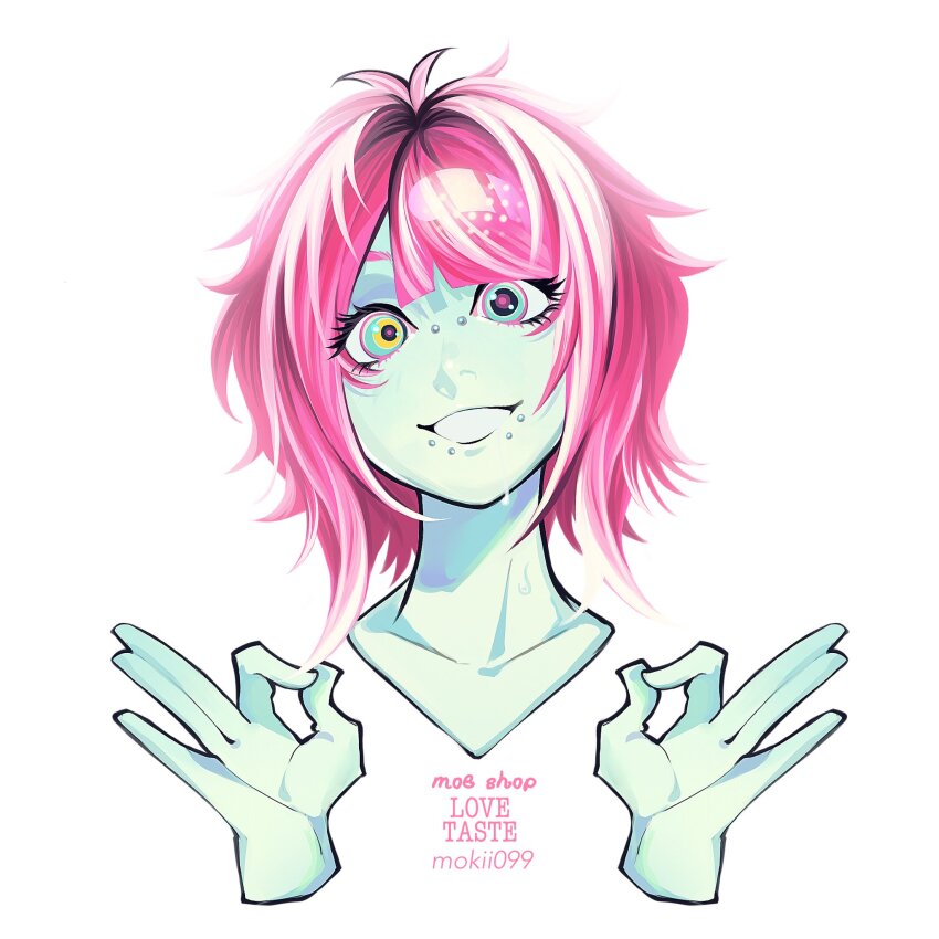 1girl, album_cover_redraw, artist_name, collarbone, colored_skin, commentary, copyright_name, derivative_work