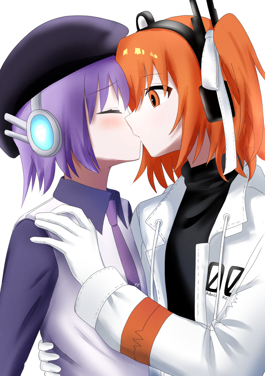 2girls, a.i._voice, absurdres, adachi_rei, beret, black_hat, black_shirt, black_sleeves