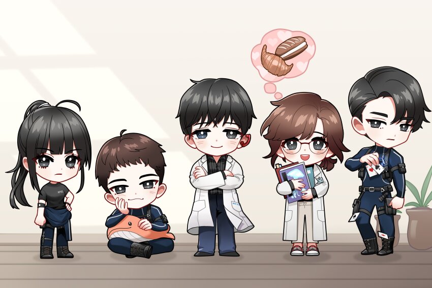 2girls, 3boys, absurdres, artist_request, baek_ae-young, black_eyes, black_hair, black_shirt