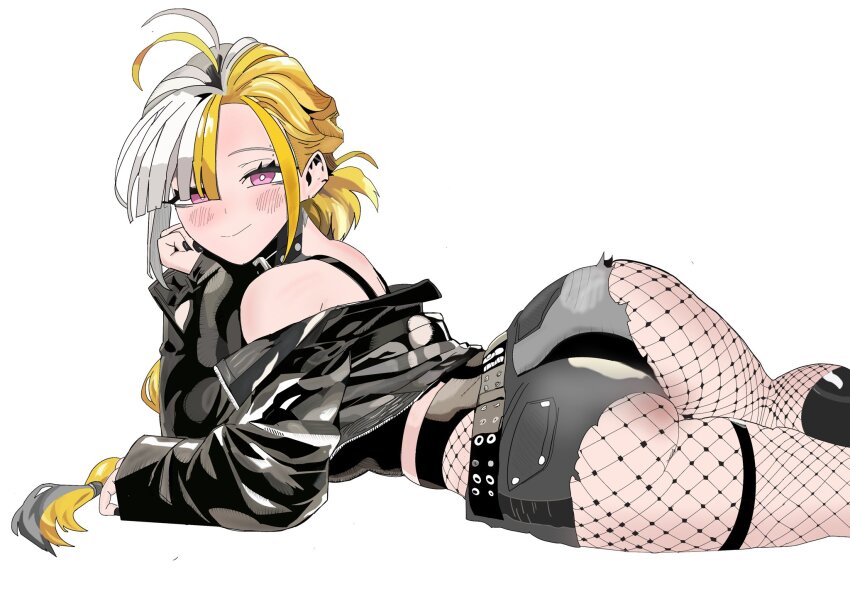 1girl, antenna_hair, ass, belt, black_belt, black_camisole, black_collar, black_jacket, black_nails, blonde_hair, camisole, collar, commentary, cropped_jacket, english_commentary, eyebrow_piercing, face_piercing, fishnet_pantyhose, fishnets, grey_hair, hair_over_one_eye, head_rest, high-waist_pantyhose, highres, indie_virtual_youtuber, jacket, kunitoro_(artist), long_hair, low-tied_long_hair, lying, micro_shorts, multicolored_hair, on_stomach, pantyhose, piercing, pink_eyes, shorts, sleeves_past_wrists, solo, split-color_hair, sunny_splosion, thigh_strap, towel, virtual_youtuber