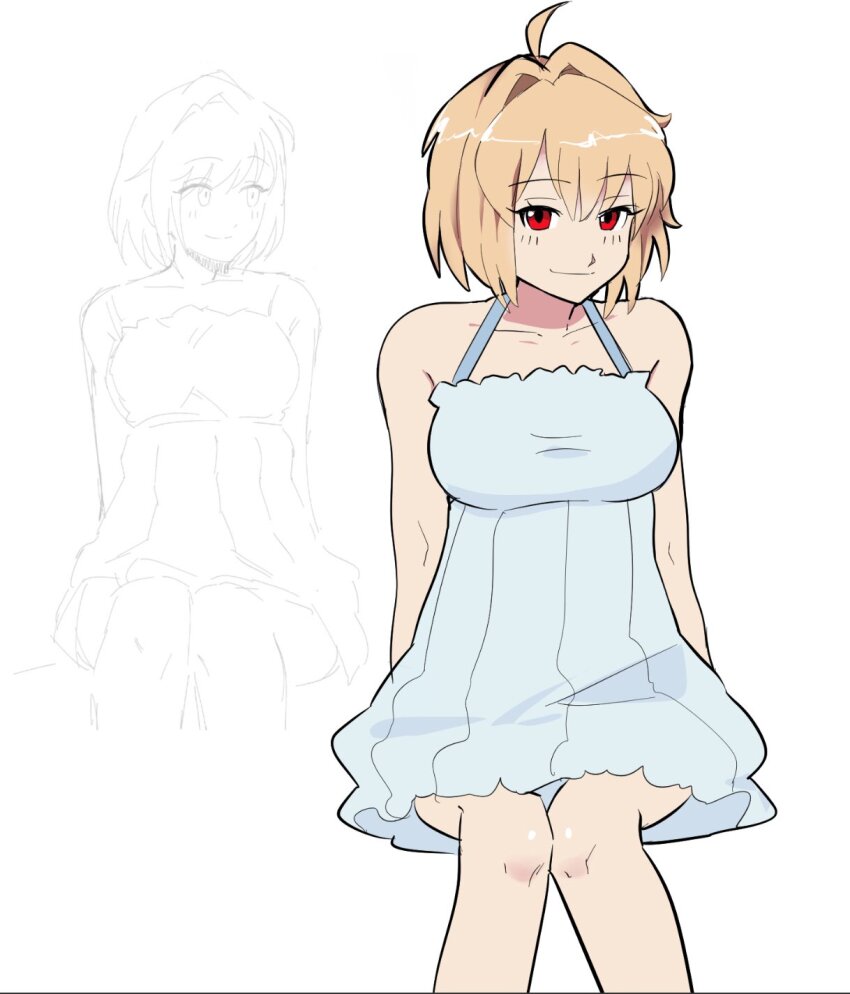 1girl, ahoge, arcueid_brunestud, arms_behind_back, blonde_hair, blue_dress, blush, breasts, dress, hair_intakes, highres, large_breasts, looking_at_viewer, lovemaid22, red_eyes, redrawn, short_hair, sitting, smile, solo, spaghetti_strap, strap, tsukihime, white_background