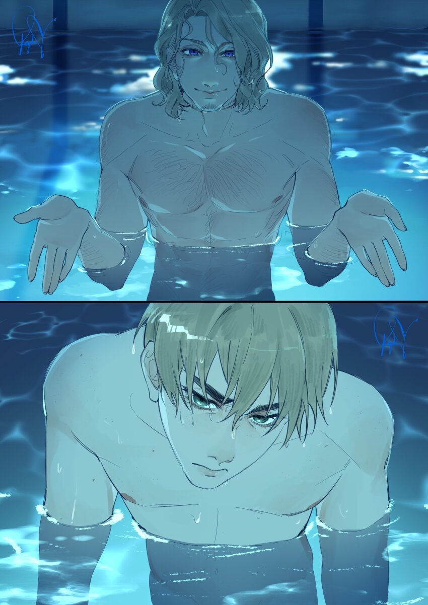 2boys, abs, absurdres, axis_powers_hetalia, blonde_hair, blurry, blurry_background, brown_hair