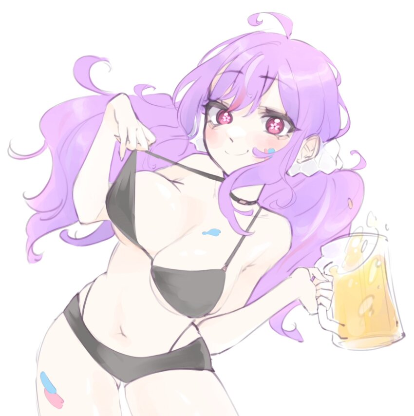ahoge, alcohol, bandaid, beer, beer_mug, bikini, blair_labri_(artist), breasts