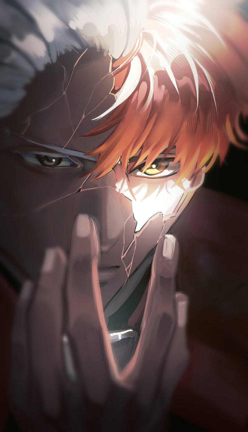 1boy, absurdres, archer_(fate), broken_mask, broken_skin, brown_eyes, close-up, crack, cracked_kawaii_mask, cracked_mask, cracked_skin, dark-skinned_male, dark_skin, dual_persona, emiya_shirou, fate/stay_night, fate_(series), grey_eyes, hand_on_own_face, highres, male_focus, mask, masked, maysy633, mismatched_eyes, portrait, red_hair, revealing_layer, split_theme, white_hair