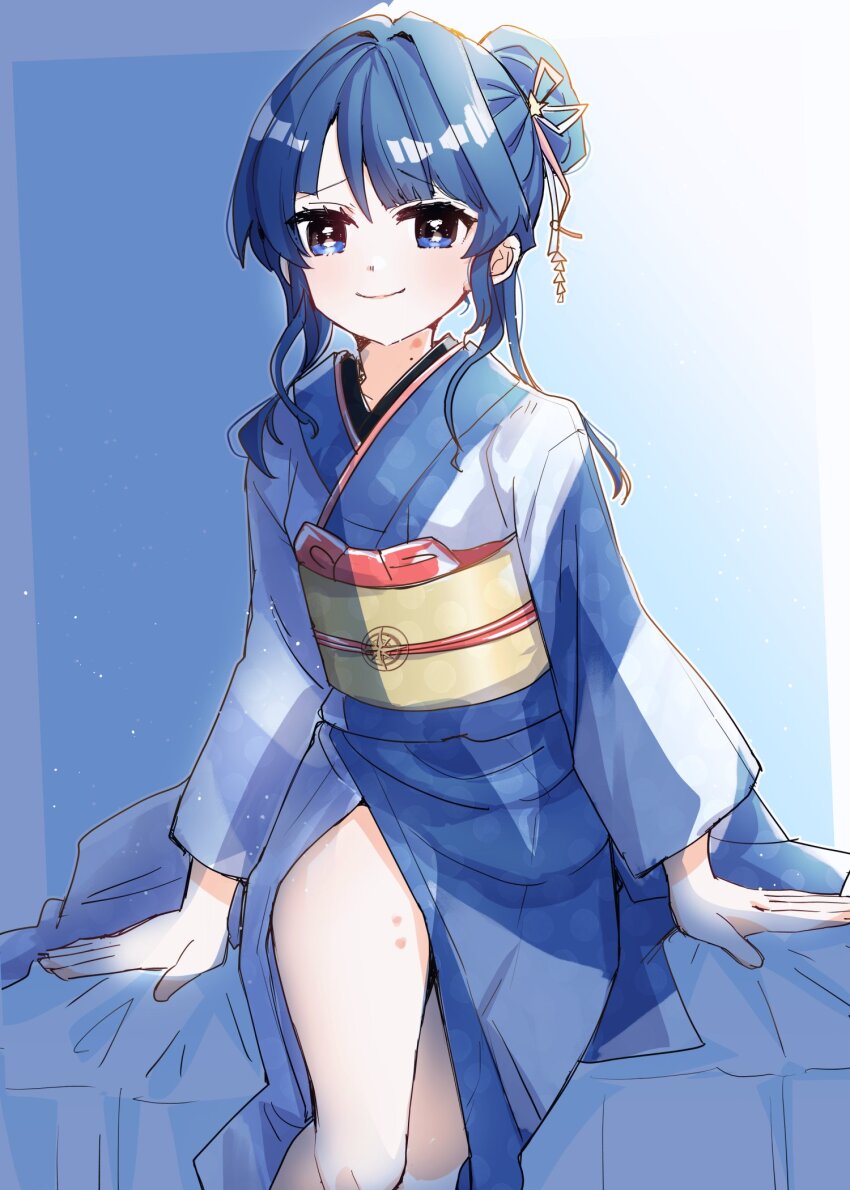 1girl, blue_background, blue_kimono, blue_ribbon, closed_mouth, collarbone, commentary_request, diagonal-striped_kimono