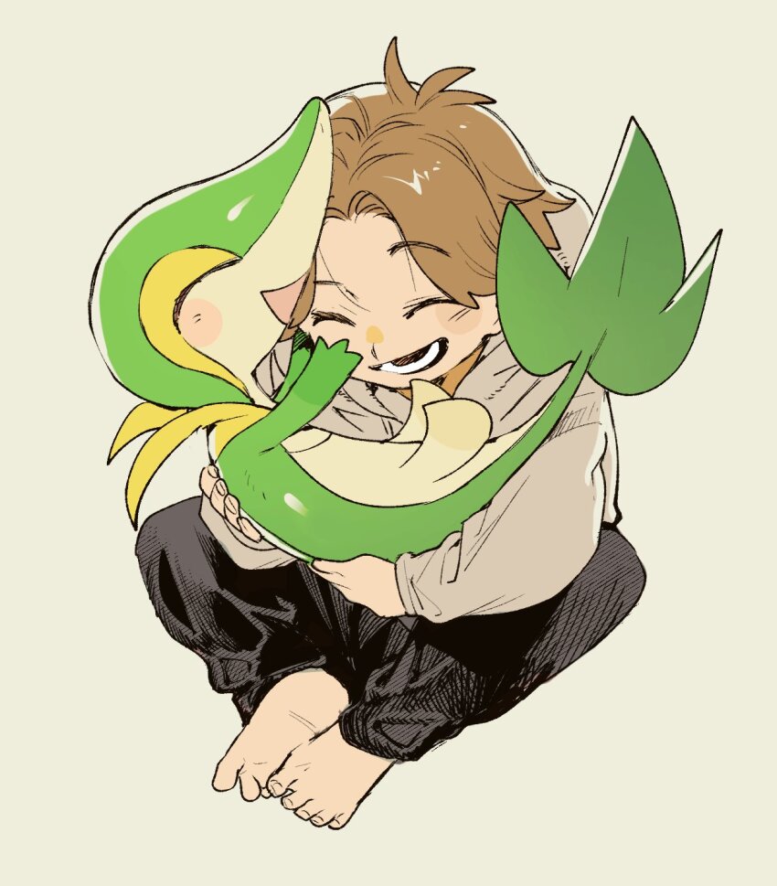 1boy, :d, barefoot, brown_hair, butterfly_sitting, closed_eyes, colored_skin, full_body