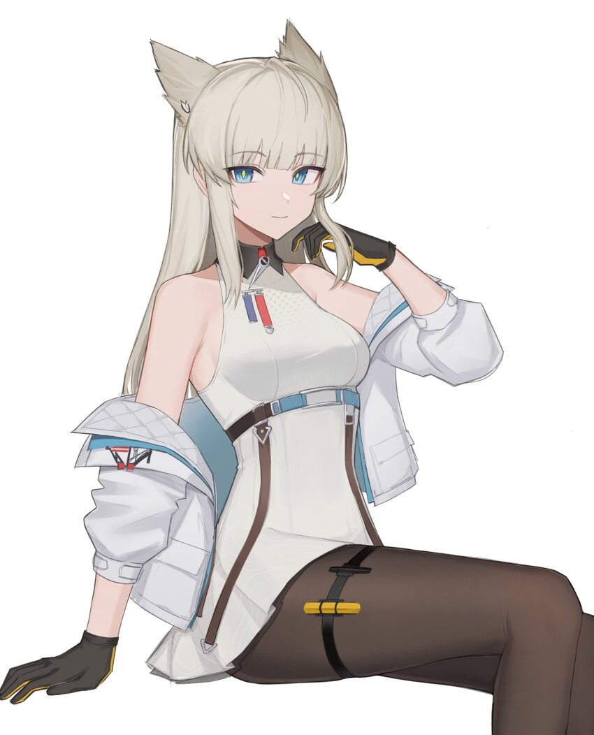 1girl, arknights, arknights:_endfield, bajigurr, bare_shoulders, black_gloves, black_pantyhose, blue_eyes